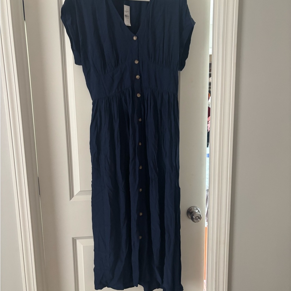 LOFT Dark Blue Button-Front Midi Dress